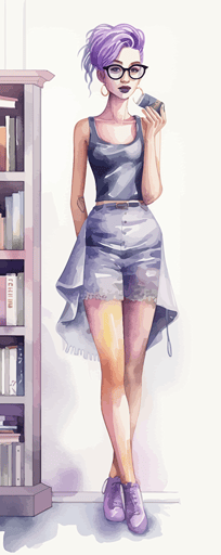 watercolor vector art, pastel colors, abstract, pretty skinny short black teen in playful stylish dress reads next to bookshelf, purple hair, glasses, pink clothes, highly detailed, joyful, beautiful, white empty background ,