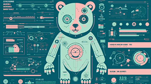 robotic bear web design, menu, flat vector, homeage design blue, pink, green, artificial intelligence, chatgpt, well-being