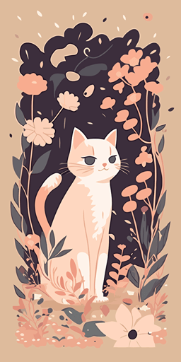 flat vector illustration of a kitty in a pink dress among flowers, in the style of minimalist backgrounds, beige, animation, bunnycore, hallyu, cute and colorful, ferrania p30