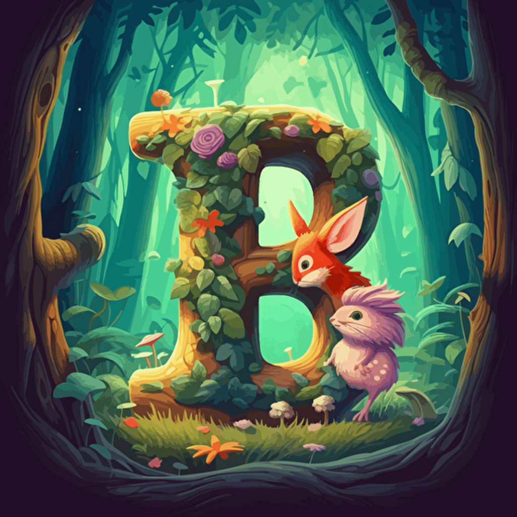 B letter and cute bunny in fantastic forest, vector cartoon style