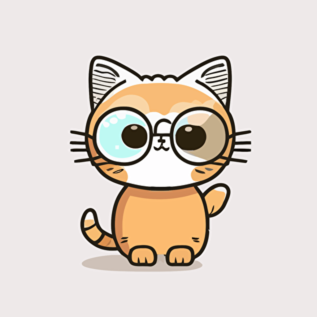 kawaii cool cat, glases , 2d, flat, vector style, contour, white background
