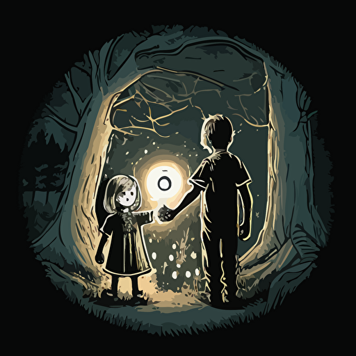 hand-drawn cartoon vector image like Thom Zahler, fantasy setting picture of 10 year old boy with a 10 year old girl in the woods at night and the girl is holding her hand out with glowing orb floating above her hand and their clothes should be like something from Lord of the Rings