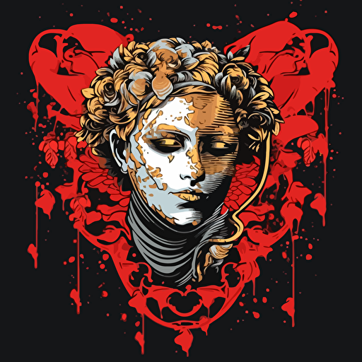 cupid wearing an ornate ski mask. Red paint splatter. Drawing. Vector image. 16k . Black background