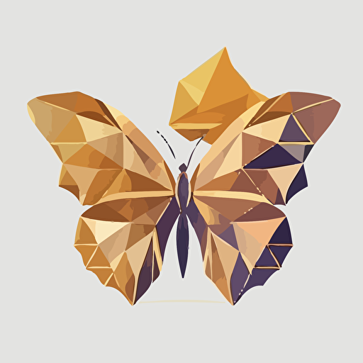flat vector logo with 3 colors one of them gold. A butterfly sitting on a lotus flower, low polygon