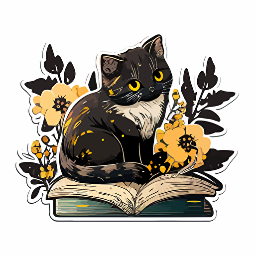 cute cat, sitting on a book, laying down, black, yellow flowers around him, vector style, sticker