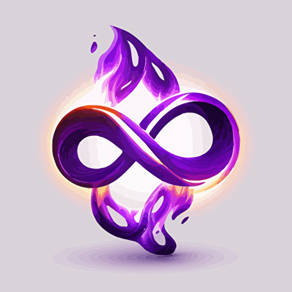 Minimalist, digital icon, infinity symbol on fire, white background, purple, vector, no shadows