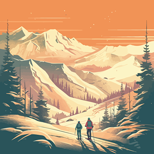wonderful mountain vista, winter ski area, vector style, 50's retro illustration
