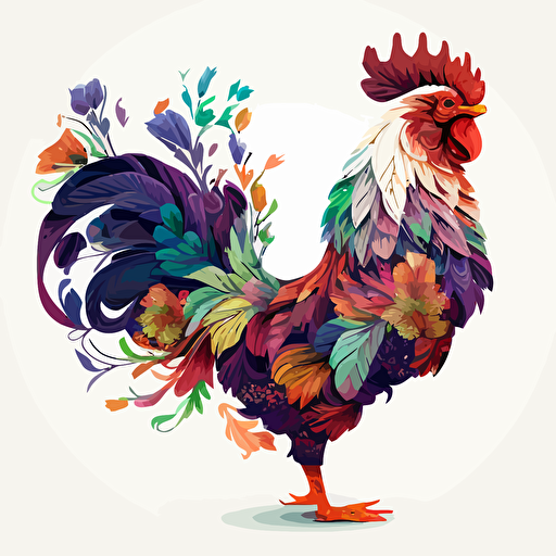 rooster made of flowers, Sticker, Ecstatic, Secondary Color, Photorealism, Contour, Vector, White Background, Detailed