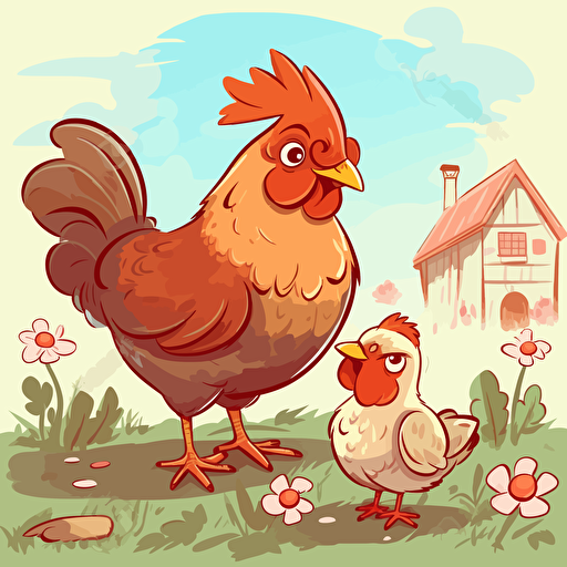 hen with a chick on the farm, cartoon, vector style