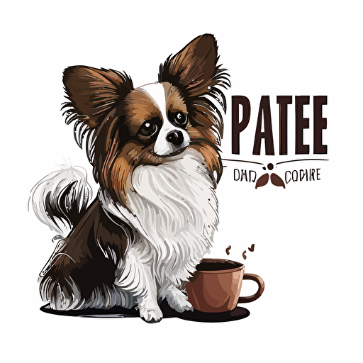 papillon dog with a cup of coffee, vector art logo design, clipart, cartoonistic, white background