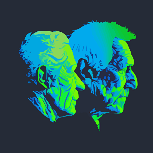 2 elder, Confrontational, Cool & Cocky, blue color, green background, simple design, vector style, white outline over silhouette