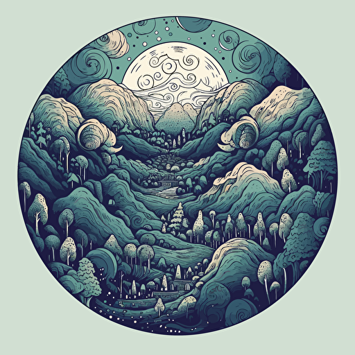 rolling distant mountains and sporadic giant trees, tiny campsite hidden, atmospheric clouds vector doodles ilustration minimalistic sacred geometry in a circular pattern, angelic, dynamic lighting,