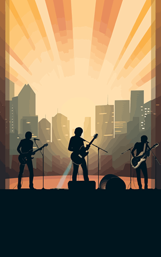 simple vector design, of a band performing on the big stage in teh city