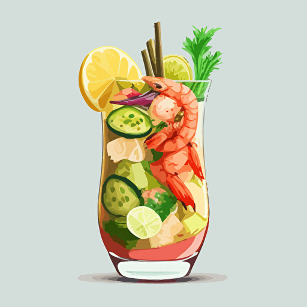 caesar cocktail glass, full color illustrated vector with no background, have an olive, shrimp, pickles, celery, lemon, cheese in the cocktail glass on top