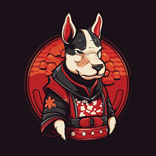 logo design, flat 2d vector logo of a battle warrior bull terrier wearing kimono suit, red and black colors