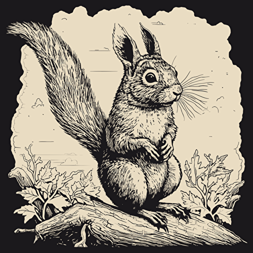 squirrel with elk antlers, black and white Illustration, simple vector, iconic ::woodcut style