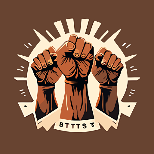 flat vector art, logo for book club, three fists in the air, white and brown peoples fists, book