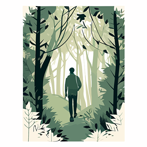 adobe illustractor vector style illustration of man walking through forest, — ar 17:22, sage green colours