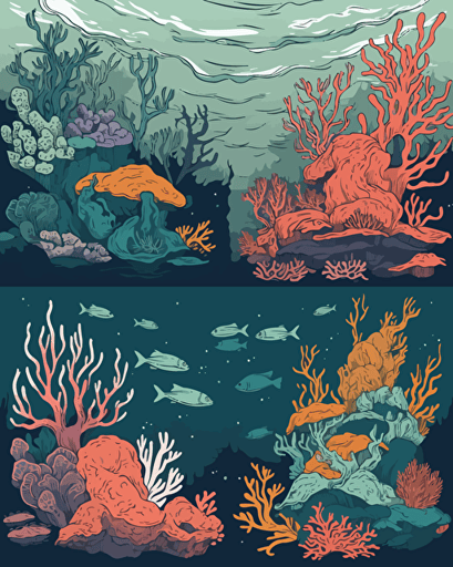 reef, retro aesthetics, vector image, sticker design, pantone color scheme: 12-1706 TCX, 12-0824 TCX, 15-0146 TCX, 15-1164 TCX, 16-6340 TCX, 17-4247 TCX, 18-2043 TCX, 19-6026 TCX. The final piece should exude a warm, holiday-like ambiance.