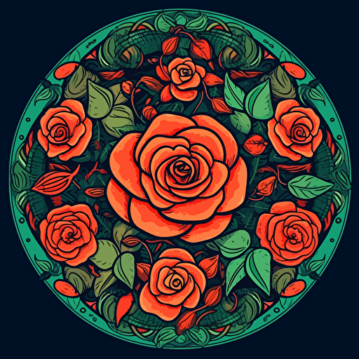 roses, surrounded by leaf motifs, in a circluar shape, vector design on the edges of the image
