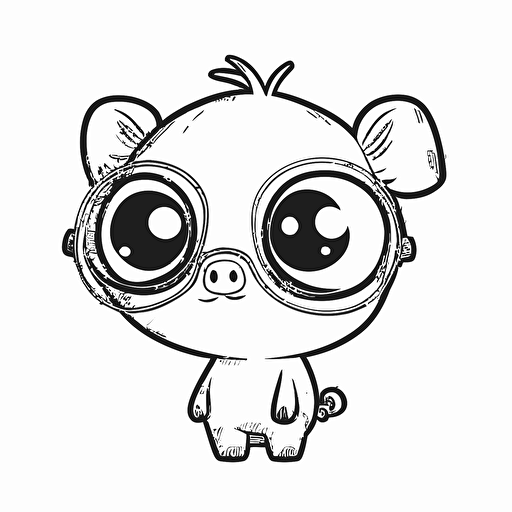 cute pork in farm, big cute eyes, pixar style, simple outline and shapes, coloring page black and white comic book flat vector, white background