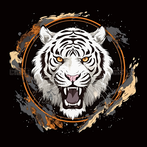 white tiger with gold tooth. Flexing biceps. Oval frame. Highly detailed. Vector image. Drawing. Paint splatter. Drips. Black background