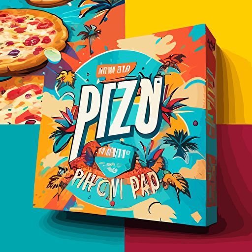 brand design concept for a new hip pizza brand from Venice beach LA, popping colours, happy illustration, vibrant, hip hop inspired, vector design, packaging shot, advertising