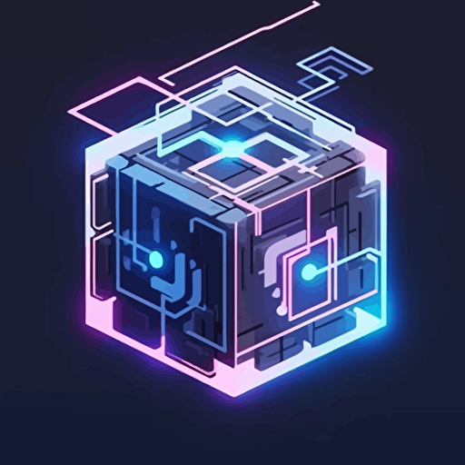 vector logo, minimal design, neural blockchain block, neon cube wireframe