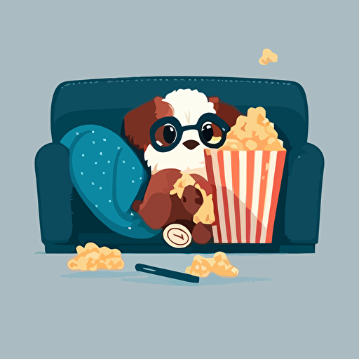 cute flat vector illustrations of puppy with face mask, book, couch and popcorn movie.
