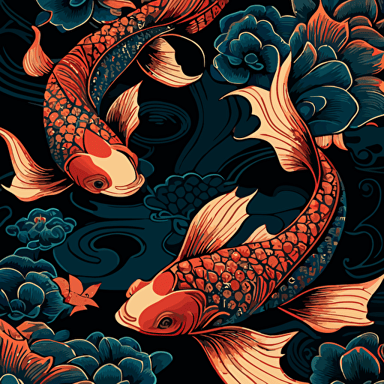 Koi fish, Japanese inspired fabric patterns, in the art style of Terry Gilecki, fine detail, traditional asian inspired theme and patterns, vector contour