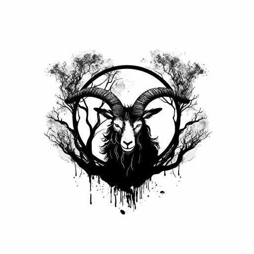 flat vector logo, black and white, ink style, cresent black moon, black stylized moon, goat eye, moon, tree black tears, with the word: volva