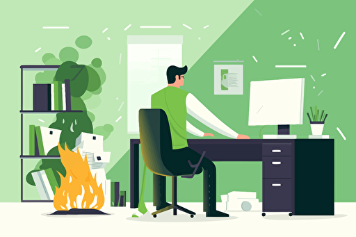 Person in an office next to a trash fire, flat style illustration for business ideas, flat design vector, industrial, light and magical, high resolution, entrepreneur, colored cartoon style, light green and dark green, cad( computer aided design) , white background