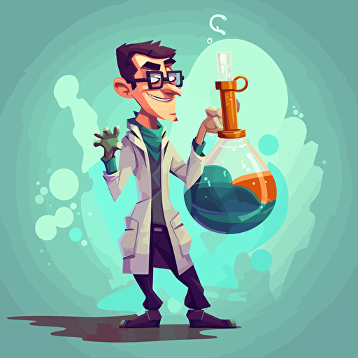 make a cartoon image out of this guy, with a chemist robe holding a lab equipment. 2d art, vector.