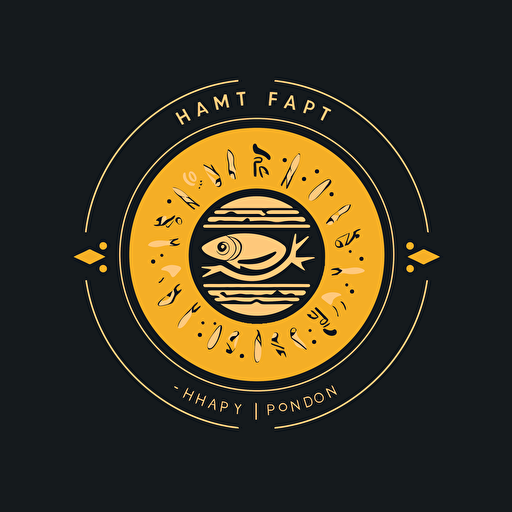 Simple logo design of hot pot restaurant, top view Hotpot with fish and meat inside, flat 2d, vector, company logo, by Kazi Mohammed Erfan, yellow color, black background
