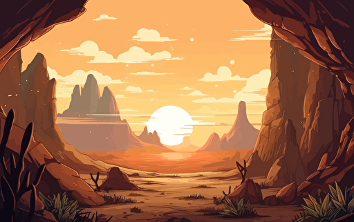 Looking out from the edge of a desert cave, filled partially with sand and rocks, looking out into a vast landscape of dunes of tall sand and cacti with mountain peaks in background with the sun shining through the clouds high quality cartoon style warm lighting early morning vibe vibrant dramatic lighting vector illustration
