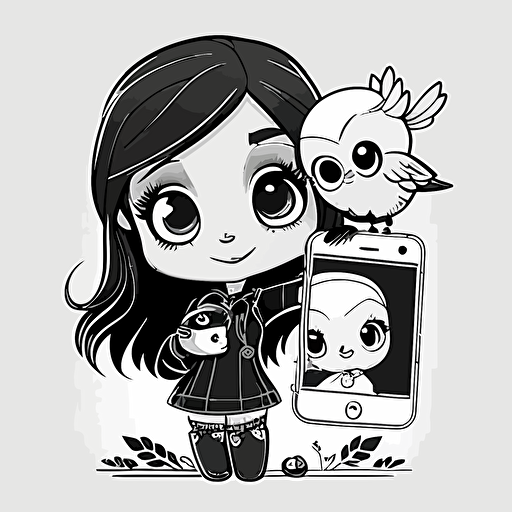 A cute caw chibi, vector, black and white, coloring page, disney on selfie