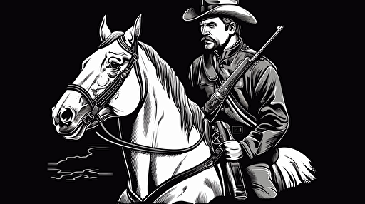 confederate soldier with war paint on his face pointing a musket riding a galloping war horse, profile view, black and white vector style illustration, thick stroke logo