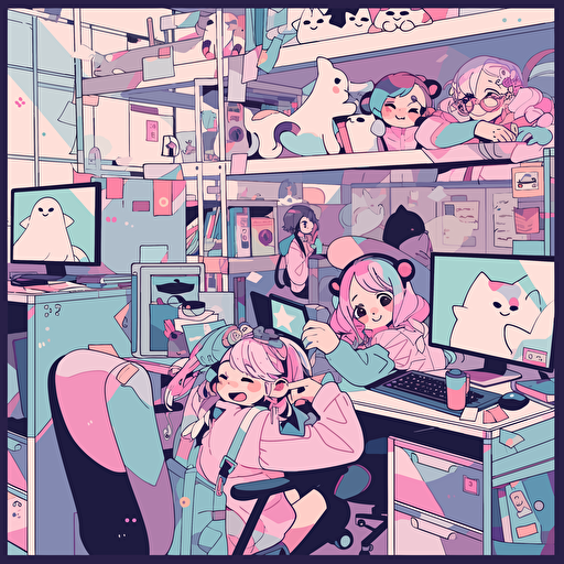 some employees that love their workspace, happy faces, vector illustration, colorful