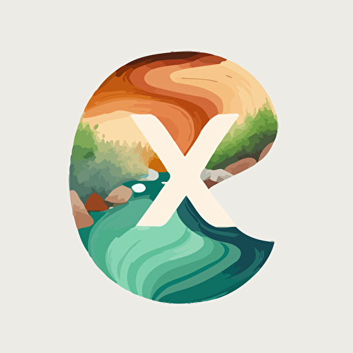 minimalist logo of the letter x inside the number 0, flat, white background, elements of a river, natural colours, vector art, element, flow