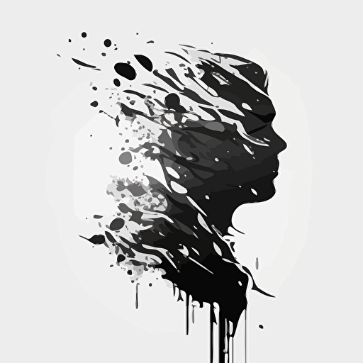 vector image, smooth strokes, flat design, black and white , a human head that is dissolving