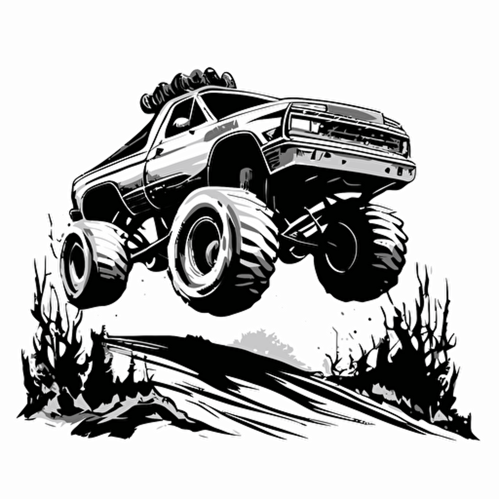 black and white Big Foot monster truck flying over a jump, vector clip art style no textures not much detail