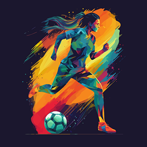 Abstract vector illustration female Soccer player running and kicking a soccer ball, side view, vivid colors.