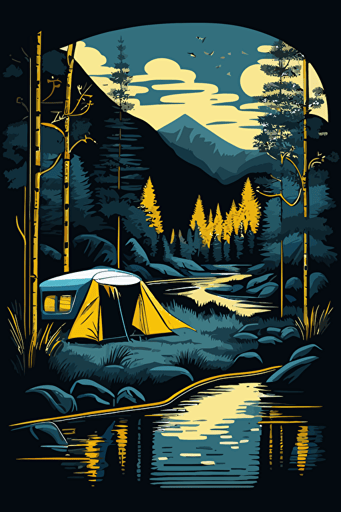 camping in the wilderness next to river, simple geometrical shapes, blue, yellow and white colors, pop art deco illustration, hand vector art, black background,