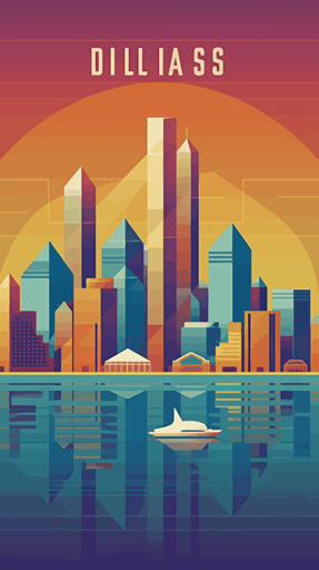 Dallas Texas City Skyline vector art, 1980s poster, pretty colours, geometric minimalism