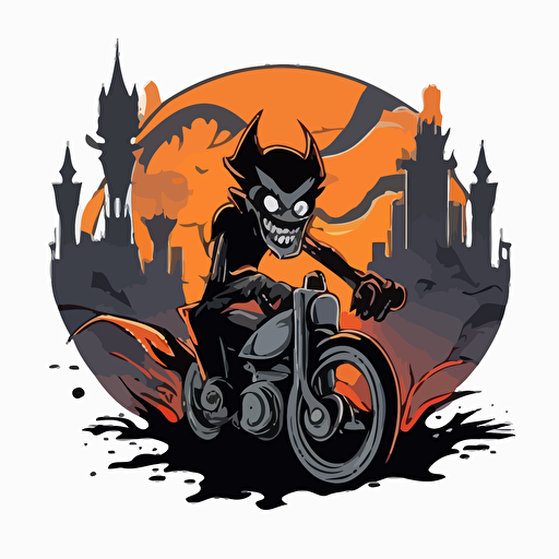 imp riding a bike through a bad part of a city, vector logo, vector art, emblem, simple cartoon, 2d, no text, white background