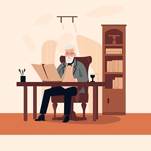a front shot vector minimalist illustration of a man sitting on a leather chair signing a contract on an old big wooden desk in his office