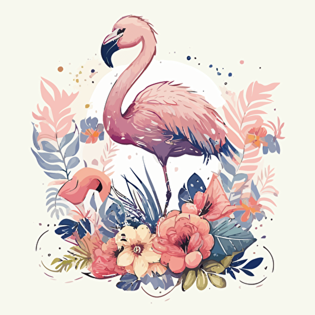 cute flamingo with flowers, detailed, cartoon style, 2d clipart vector, creative and imaginative, hd, white background