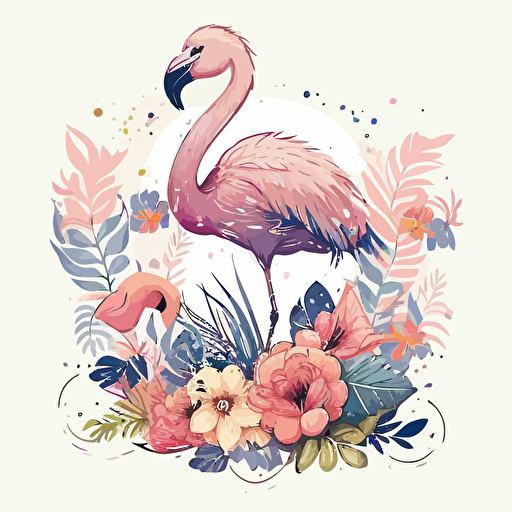 cute flamingo with flowers, detailed, cartoon style, 2d clipart vector, creative and imaginative, hd, white background