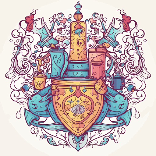 Digital illustration of coat of arms with thin black outline, fantasy inspired, shield, sword, potion bottles, white background, cute, colorful, cel-shaded, in Pixar style, prop design, contour, vector art