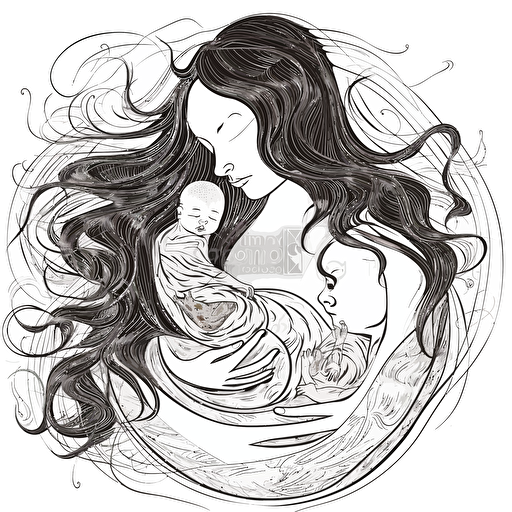 a stunning mother with flowing hair tightly craddling her newborn baby in her arms against her udder nursing it, emphasis of the image is placed around the baby nursing, there is so much maternal love in this image, it is an intense constrast black and white vector line-art with strong contrast on a white background